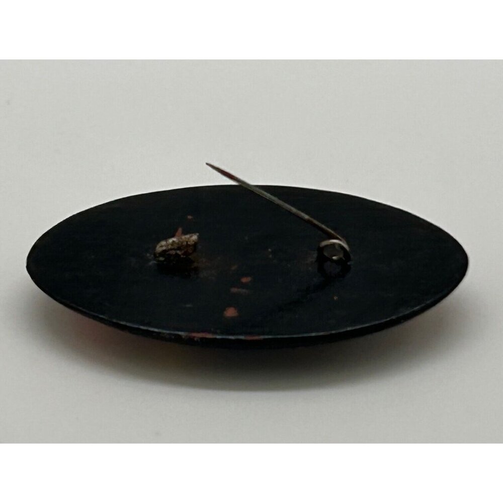 Hand-Painted Vintage Oval Floral Brooch Red Yellow Flower Design Black Lacquered - Picture 8 of 11